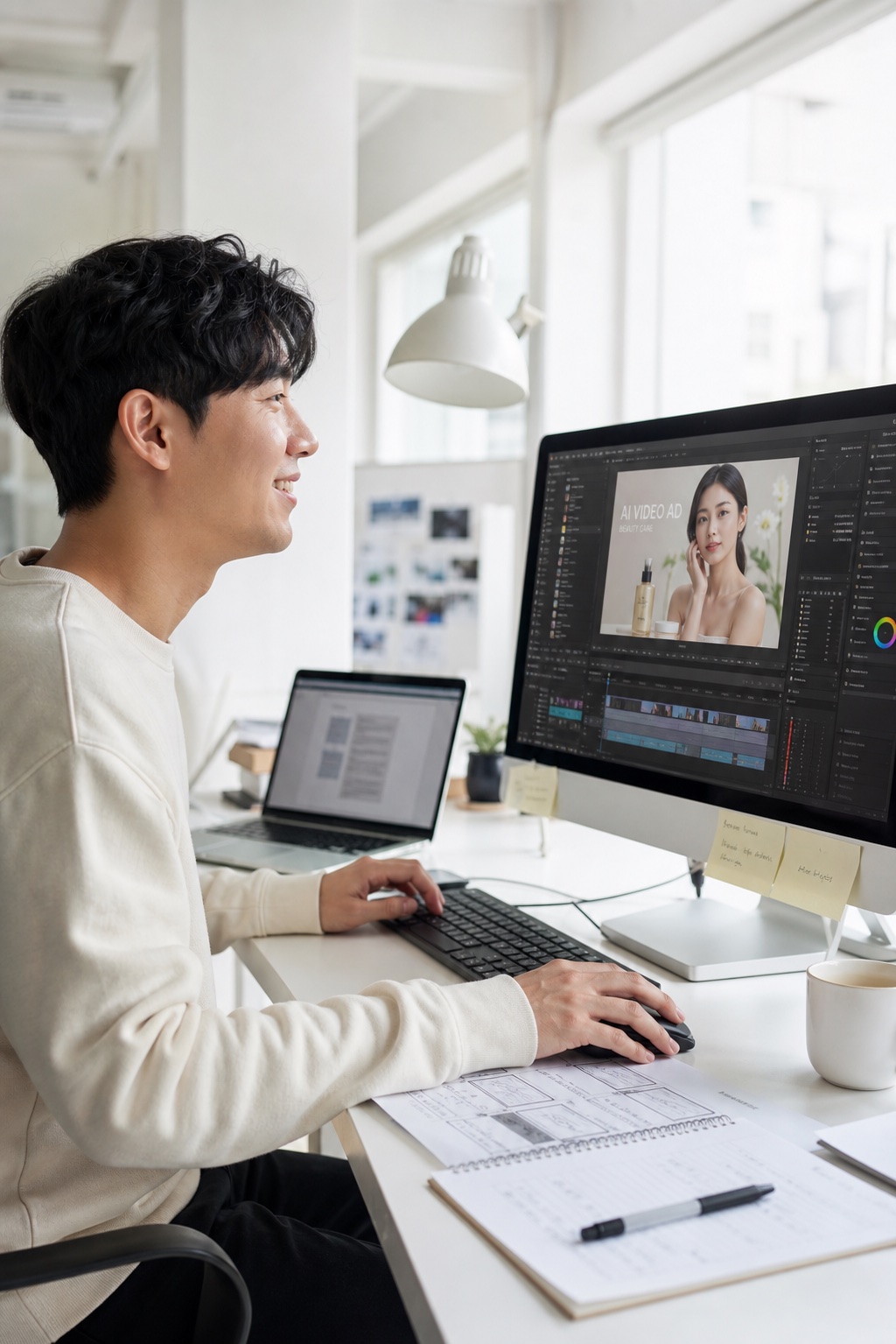 AI 광고 영상을 편집하는 제작자